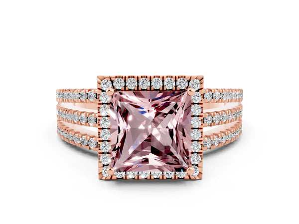 Rose gold Princess Cut Morganite Halo Engagement Ring with Split Shank and Four-Prong Setting