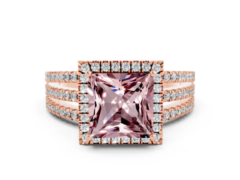 Rose gold {shape_name} Morganite Halo Engagement Ring with Split Shank and Four-Prong Setting
