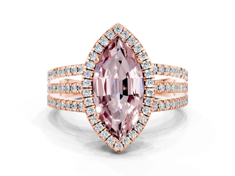 Rose gold {shape_name} Morganite Halo Engagement Ring with Split Shank and Four-Prong Setting