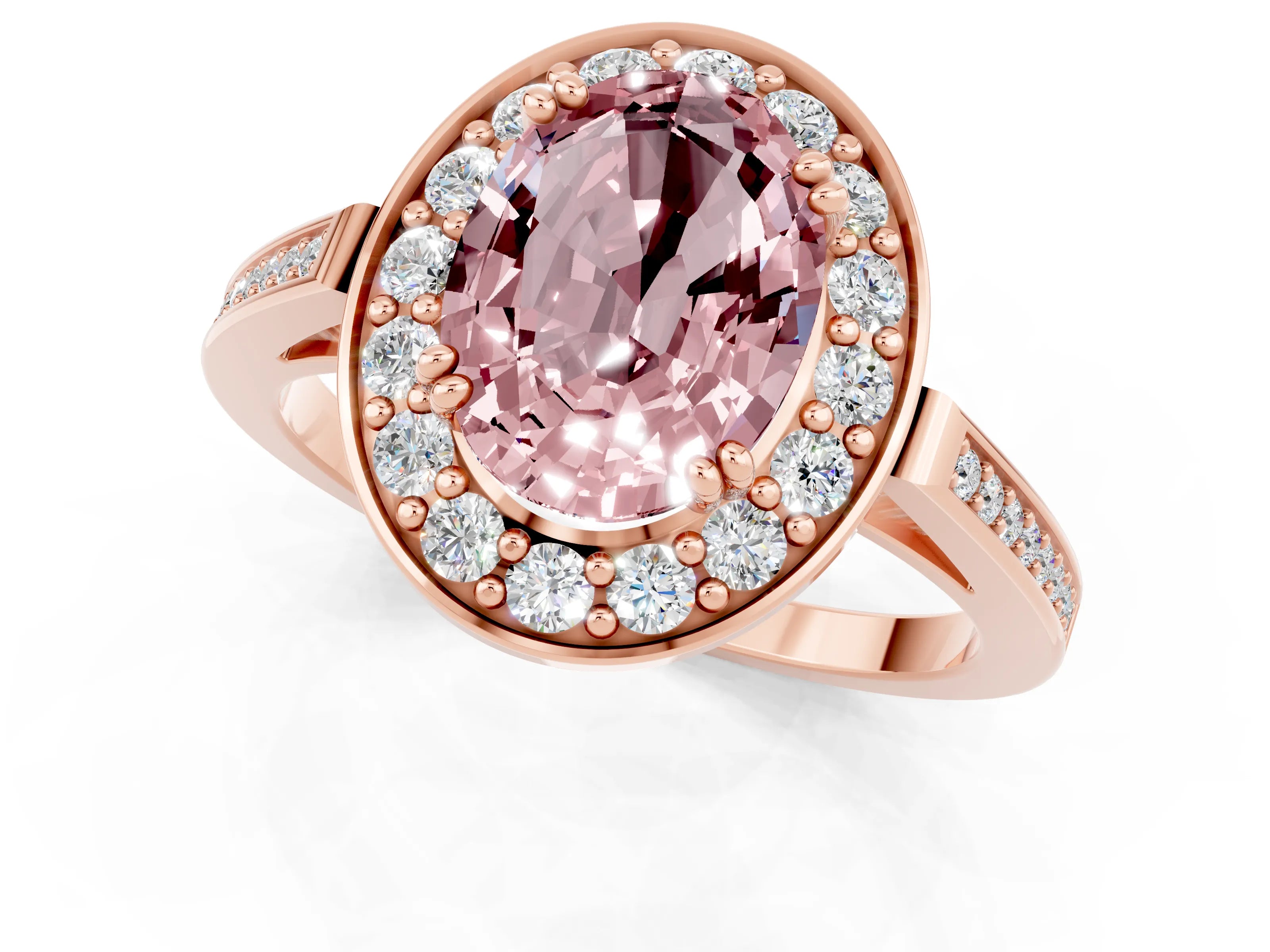 Rose gold {shape_name} Morganite Halo Ring with Split Shank and Four-Prong Setting_1