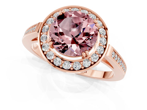Rose gold {shape_name} Morganite Halo Ring with Split Shank and Four-Prong Setting_1