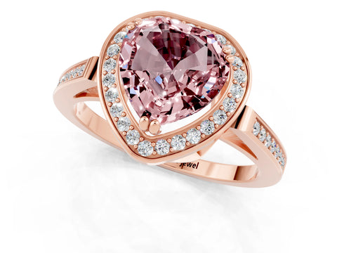 Rose gold {shape_name} Morganite Halo Ring with Split Shank and Four-Prong Setting_1