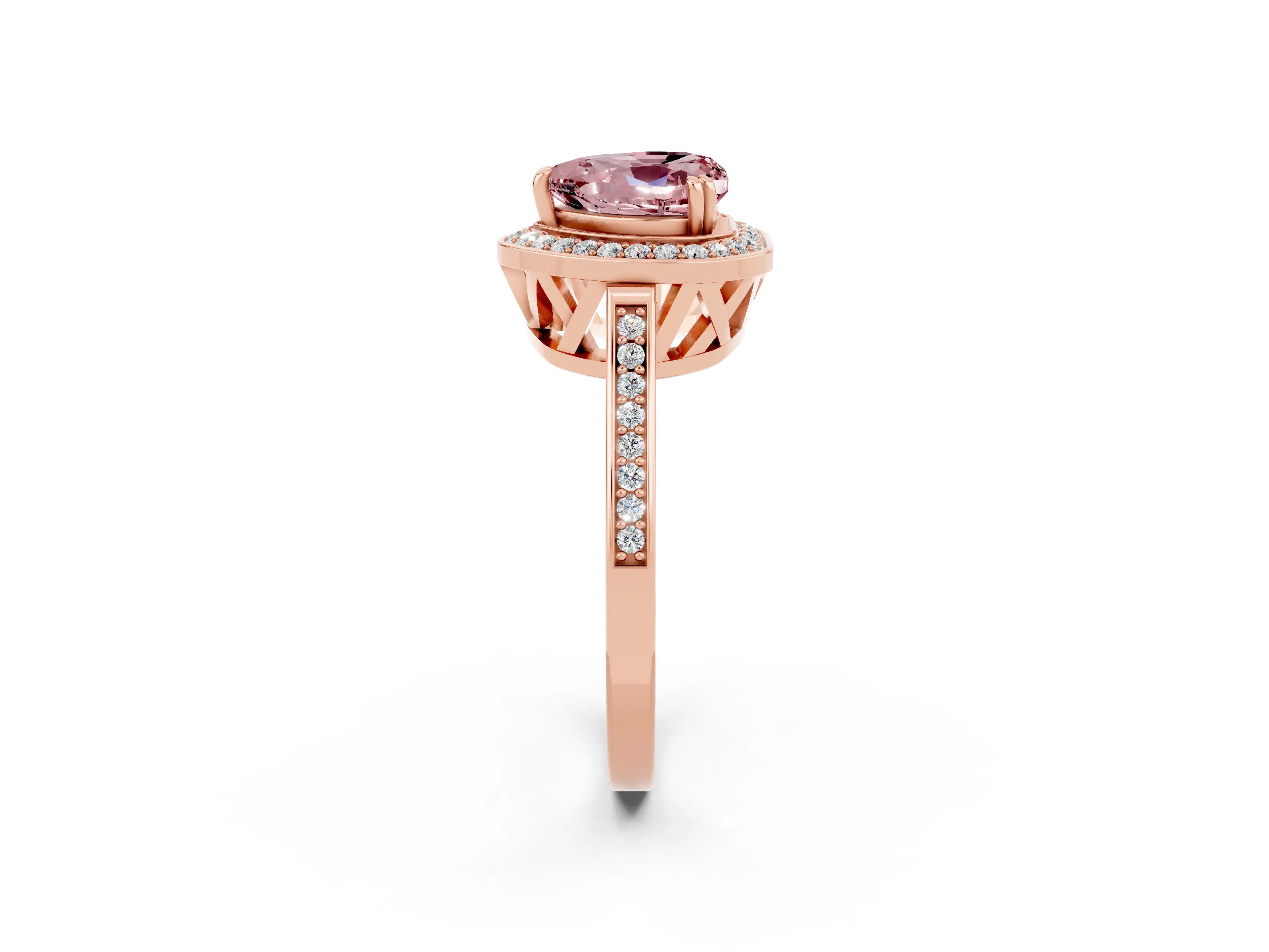 Rose gold {shape_name} Morganite Halo Ring with Split Shank and Four-Prong Setting_2