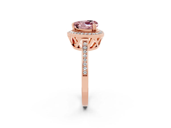 Rose gold Heart Cut Morganite Halo Ring with Split Shank and Four-Prong Setting