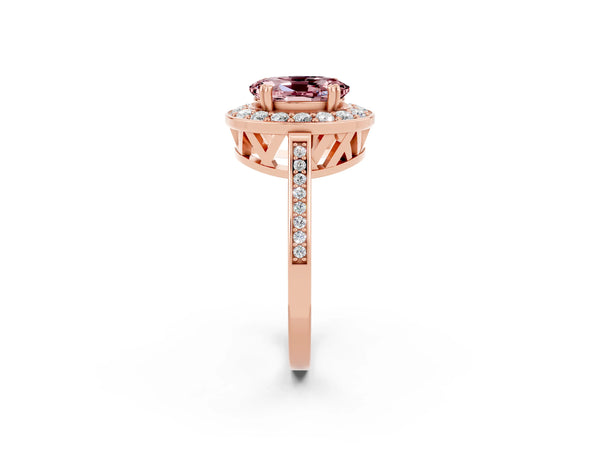 Rose gold Oval Cut Morganite Halo Ring with Split Shank and Four-Prong Setting