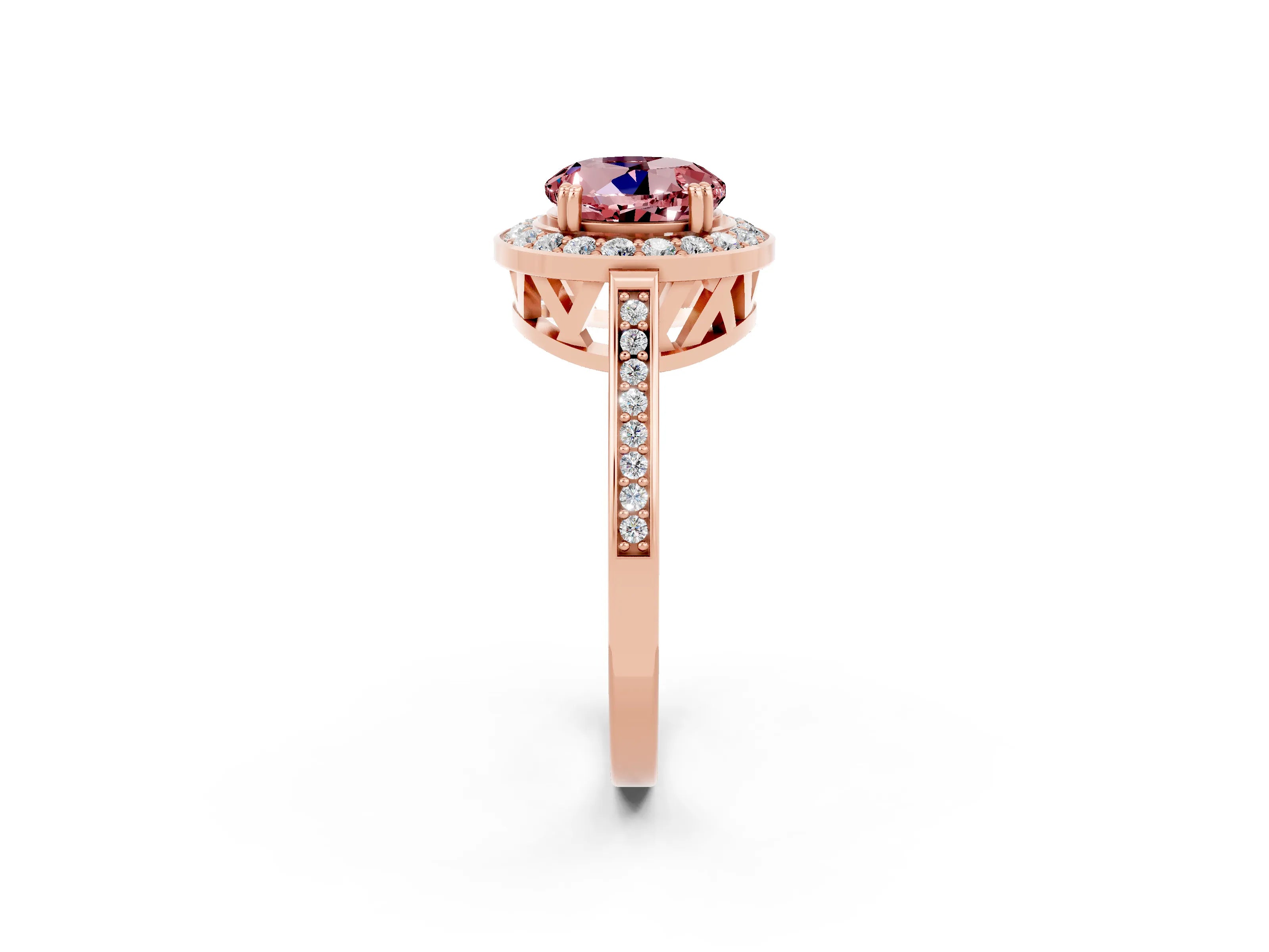 Rose gold {shape_name} Morganite Halo Ring with Split Shank and Four-Prong Setting_2