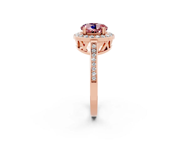 Rose gold Round Cut Morganite Halo Ring with Split Shank and Four-Prong Setting