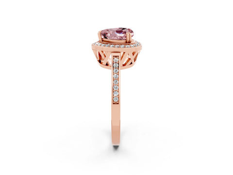Rose gold {shape_name} Morganite Halo Ring with Split Shank and Four-Prong Setting_2