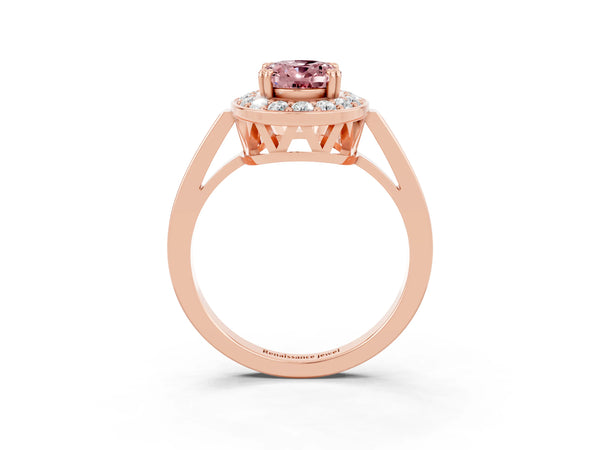 Rose gold Oval Cut Morganite Halo Ring with Split Shank and Four-Prong Setting