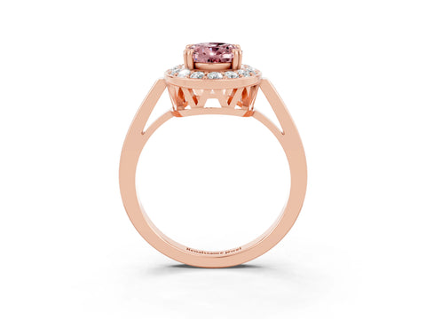 Rose gold {shape_name} Morganite Halo Ring with Split Shank and Four-Prong Setting_3