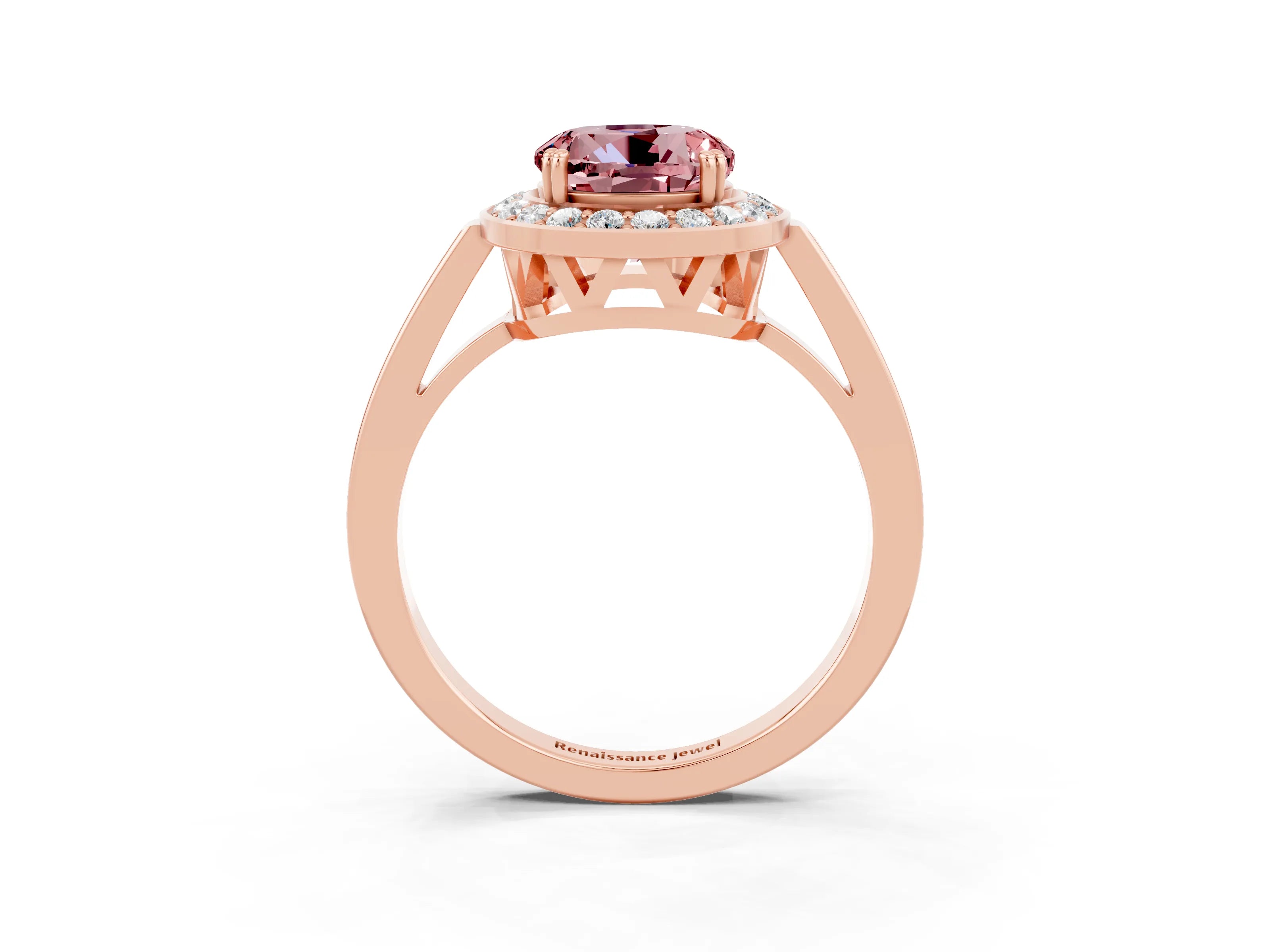 Rose gold {shape_name} Morganite Halo Ring with Split Shank and Four-Prong Setting_3