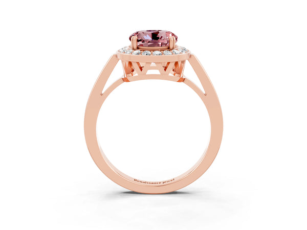Rose gold Round Cut Morganite Halo Ring with Split Shank and Four-Prong Setting