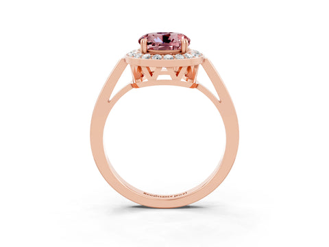Rose gold {shape_name} Morganite Halo Ring with Split Shank and Four-Prong Setting_3