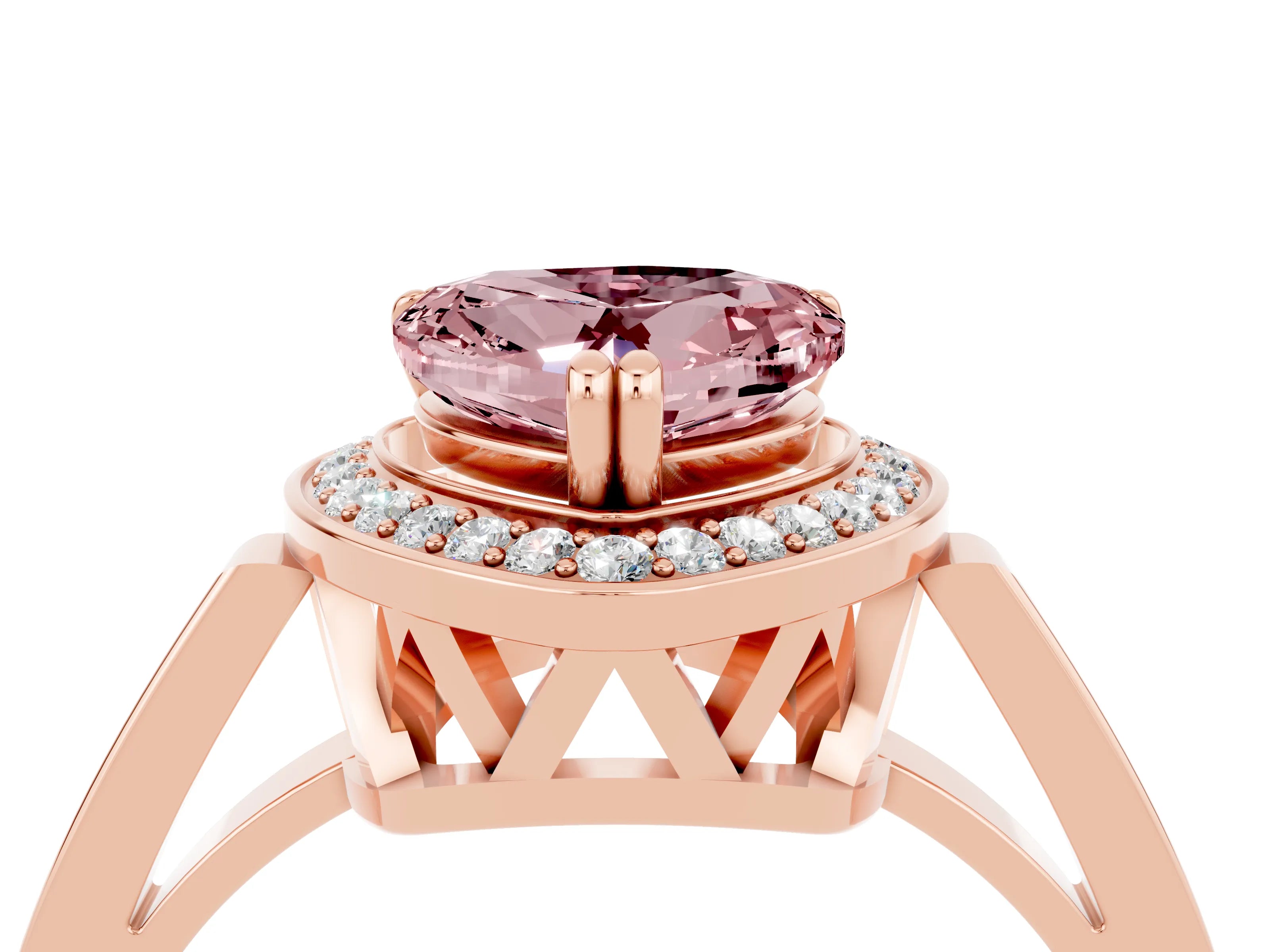 Rose gold {shape_name} Morganite Halo Ring with Split Shank and Four-Prong Setting_4