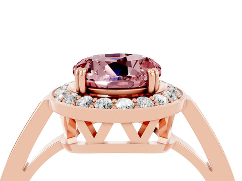 Rose gold {shape_name} Morganite Halo Ring with Split Shank and Four-Prong Setting_4