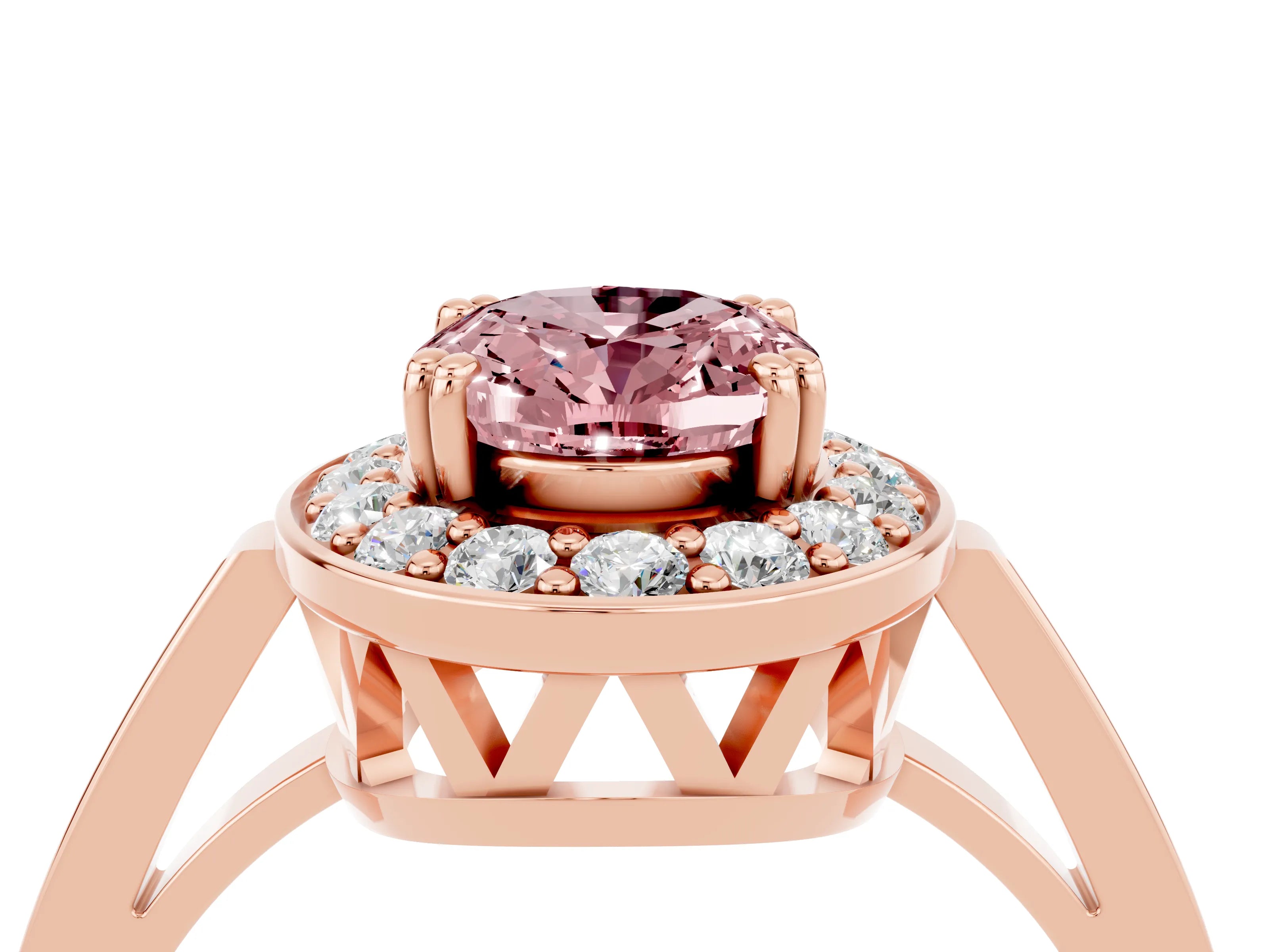 Rose gold {shape_name} Morganite Halo Ring with Split Shank and Four-Prong Setting_4
