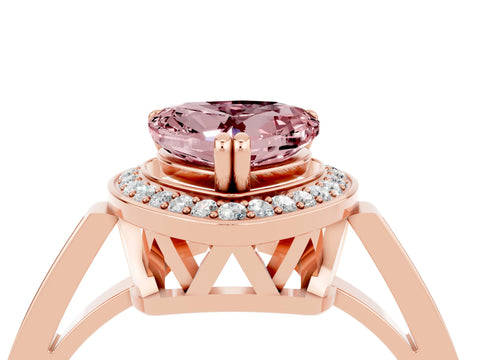 Rose gold {shape_name} Morganite Halo Ring with Split Shank and Four-Prong Setting_4