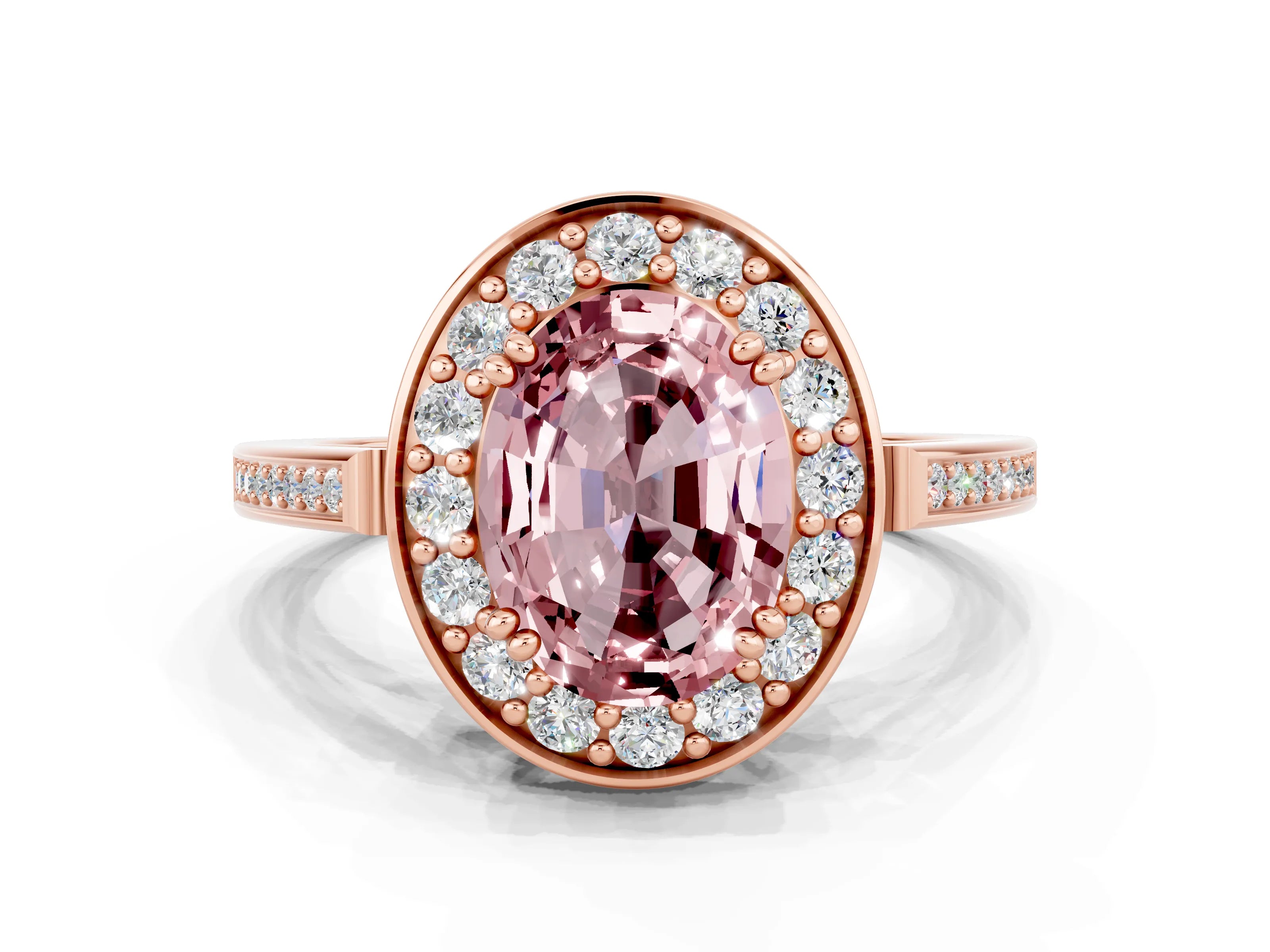 Rose gold {shape_name} Morganite Halo Ring with Split Shank and Four-Prong Setting