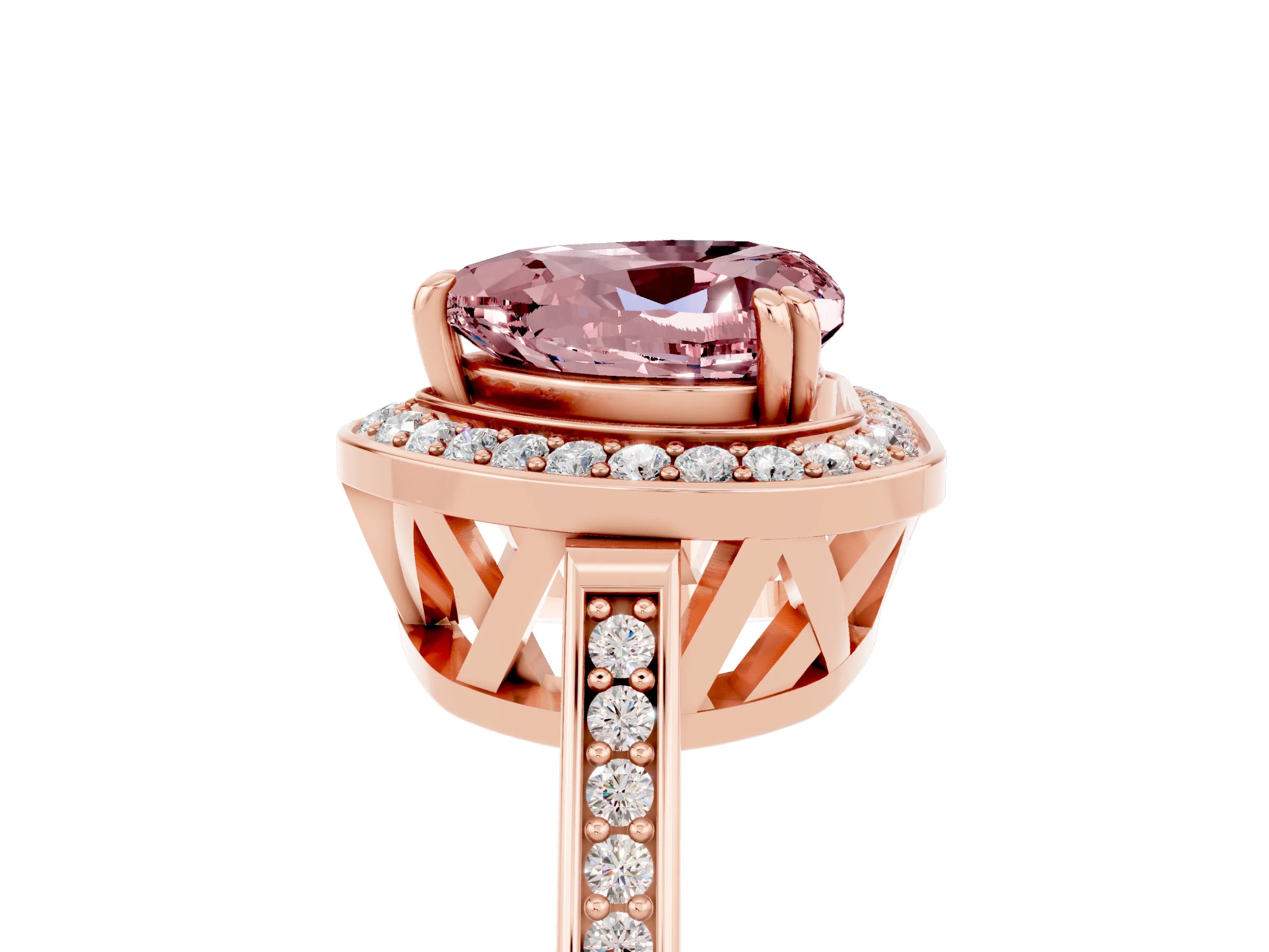 Rose gold {shape_name} Morganite Halo Ring with Split Shank and Four-Prong Setting_5