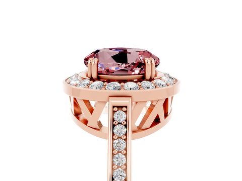 Rose gold {shape_name} Morganite Halo Ring with Split Shank and Four-Prong Setting_5