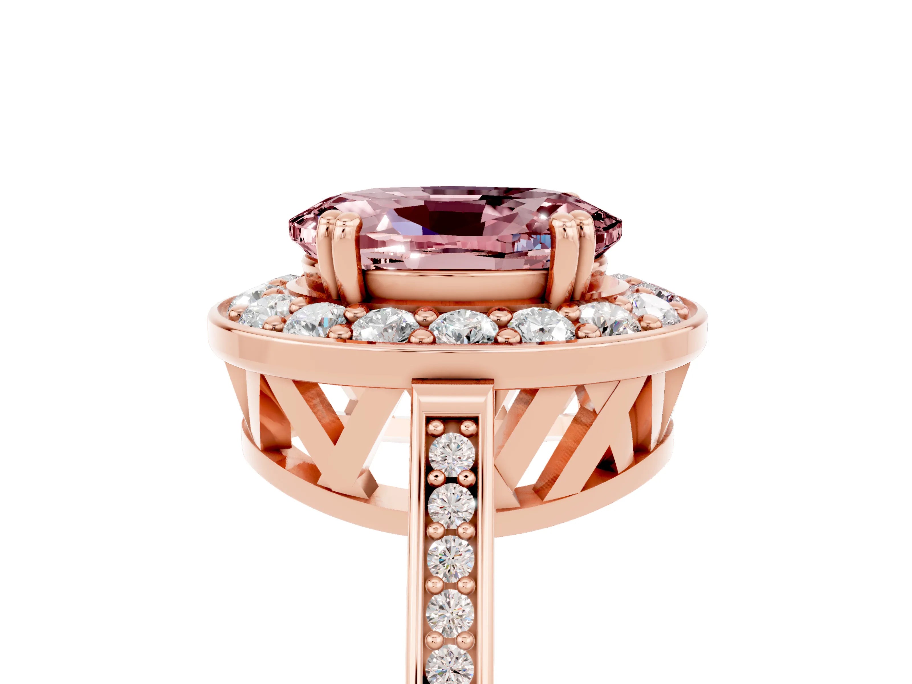 Rose gold {shape_name} Morganite Halo Ring with Split Shank and Four-Prong Setting_5