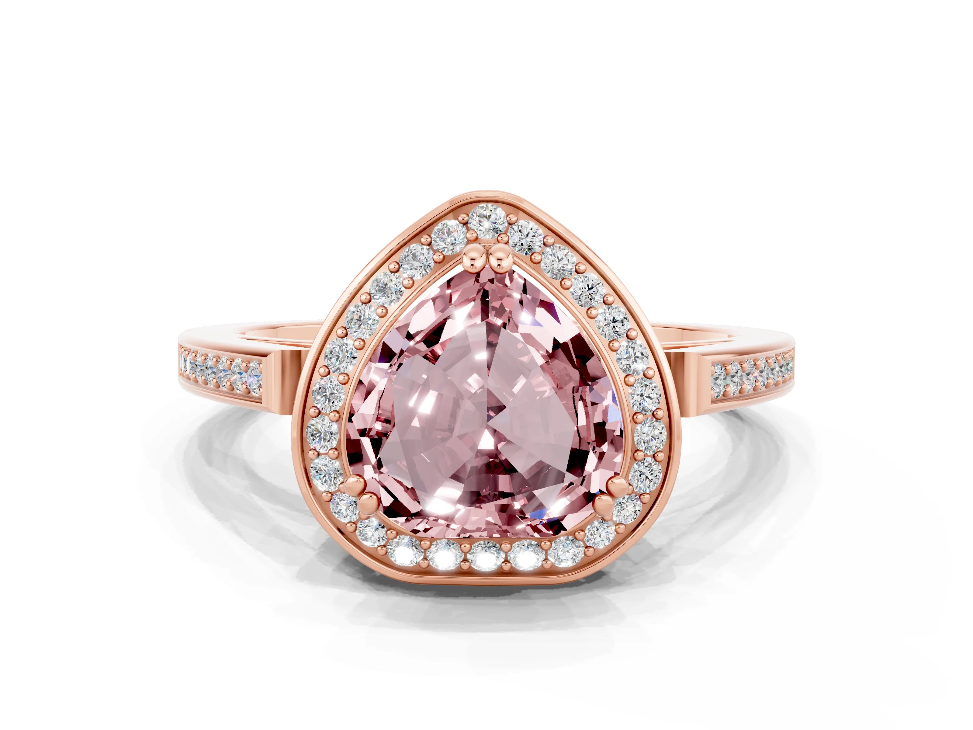 Rose gold {shape_name} Morganite Halo Ring with Split Shank and Four-Prong Setting