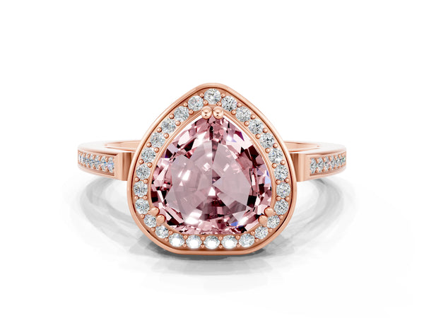 Rose gold Heart Cut Morganite Halo Ring with Split Shank and Four-Prong Setting