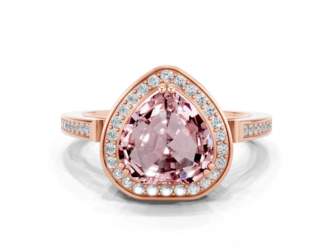 Rose gold {shape_name} Morganite Halo Ring with Split Shank and Four-Prong Setting