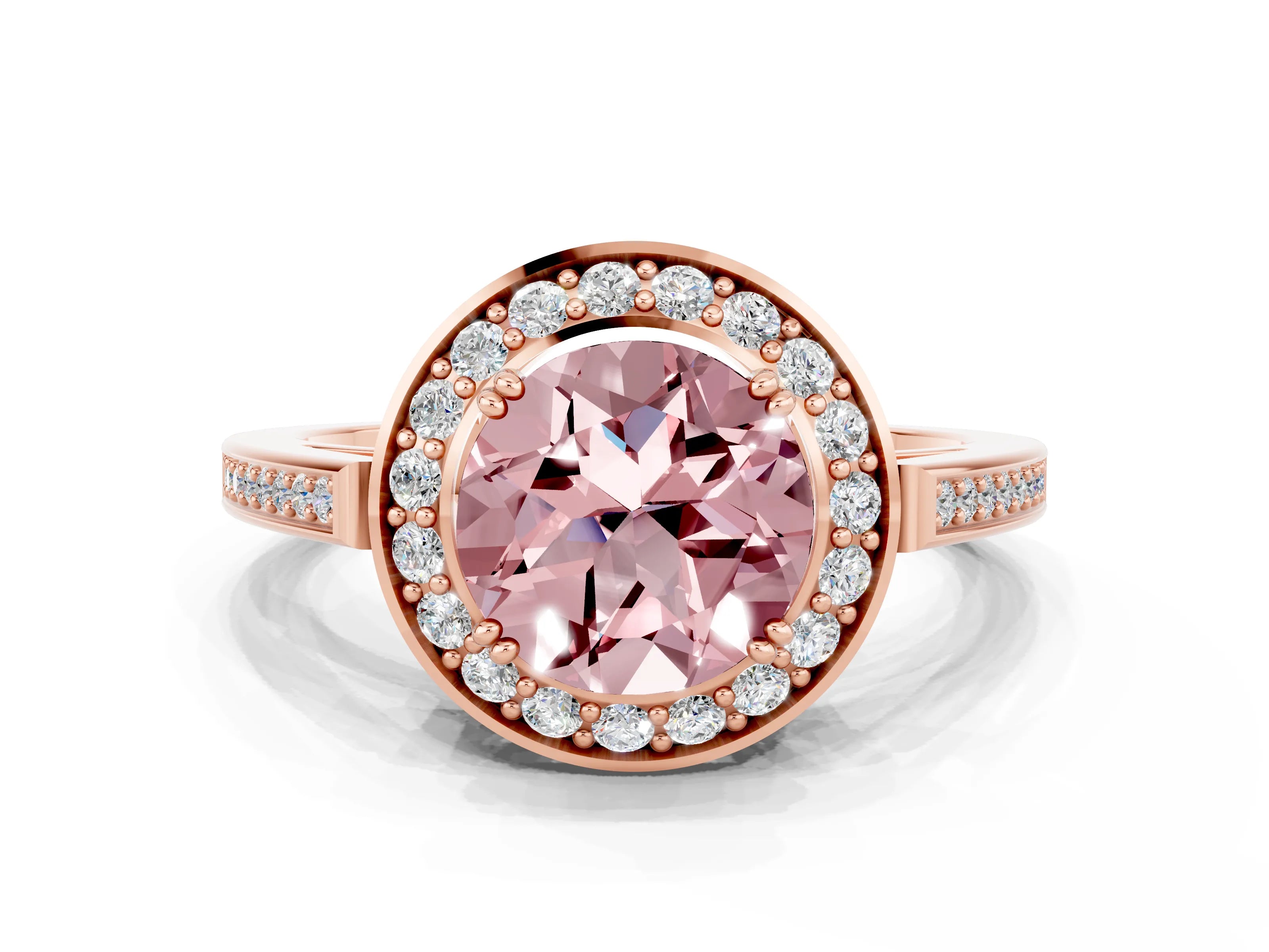 Rose gold {shape_name} Morganite Halo Ring with Split Shank and Four-Prong Setting