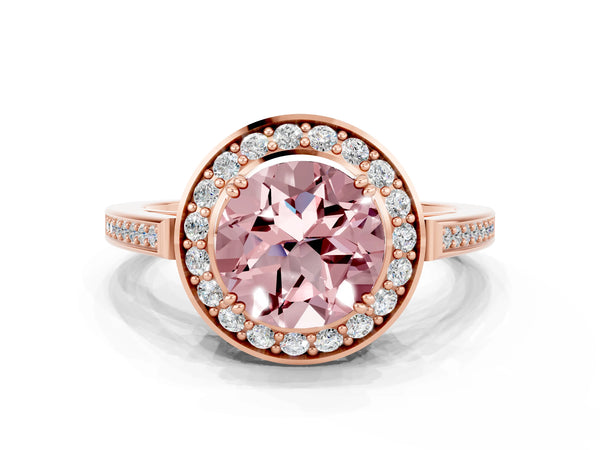 Rose gold Round Cut Morganite Halo Ring with Split Shank and Four-Prong Setting