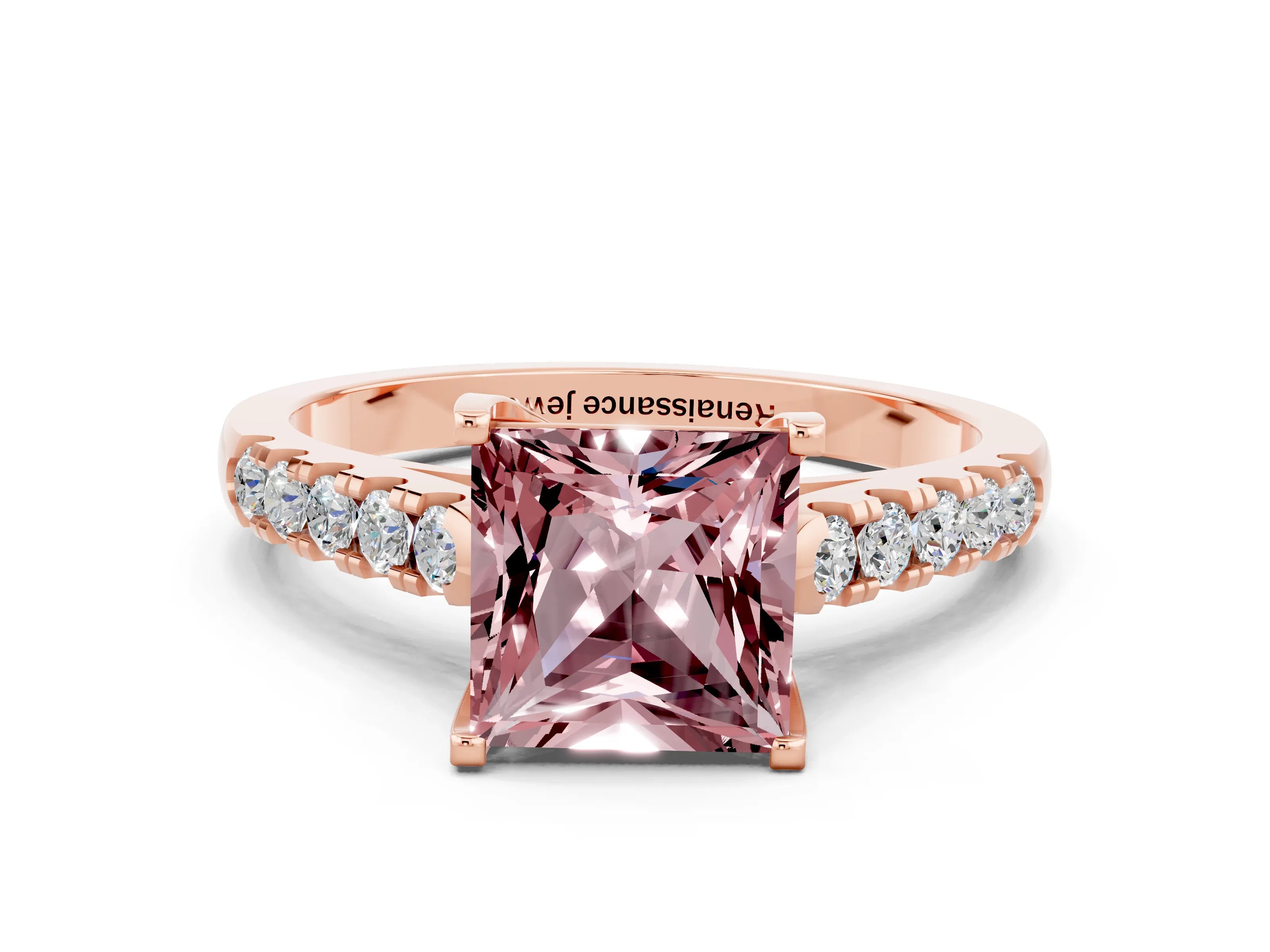 Rose gold {shape_name} Morganite Solitaire Ring with Pavé Band and Four-Prong Setting