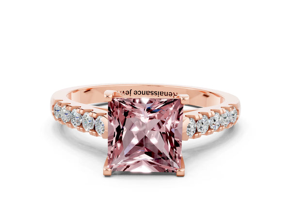 Rose gold Princess Cut Morganite Pavé Band Solitaire Ring with Prong Setting