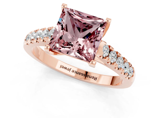 Rose gold Princess Cut Morganite Pavé Band Solitaire Ring with Prong Setting