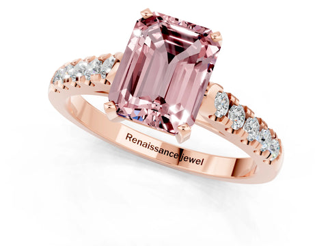 Rose gold {shape_name} Morganite Solitaire Ring with Pavé Band and Four-Prong Setting_1