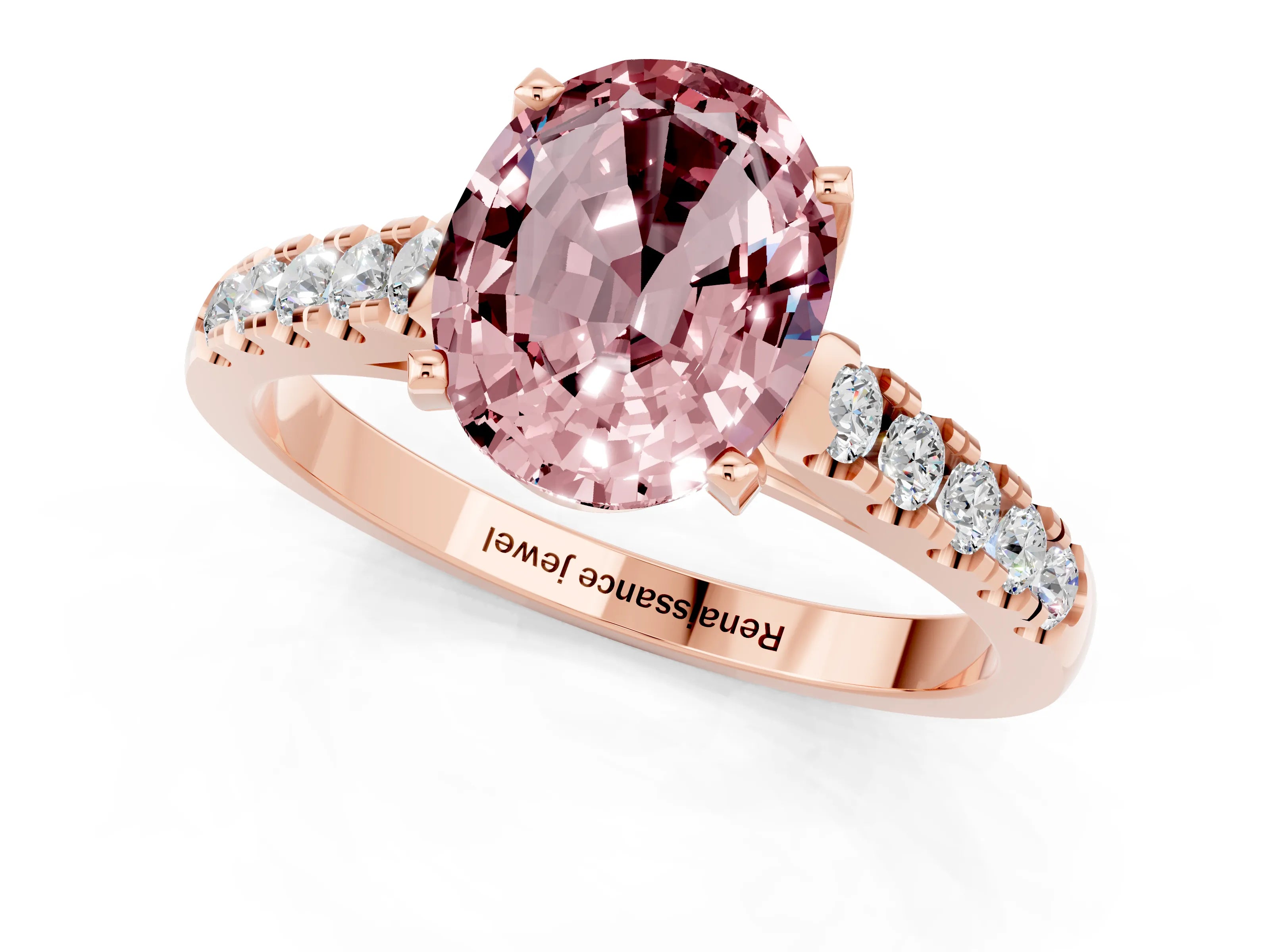Rose gold {shape_name} Morganite Solitaire Ring with Pavé Band and Four-Prong Setting_1