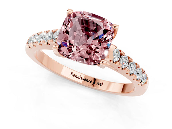 Rose gold Cushion Cut Morganite Pavé Band Solitaire Ring with Prong Setting