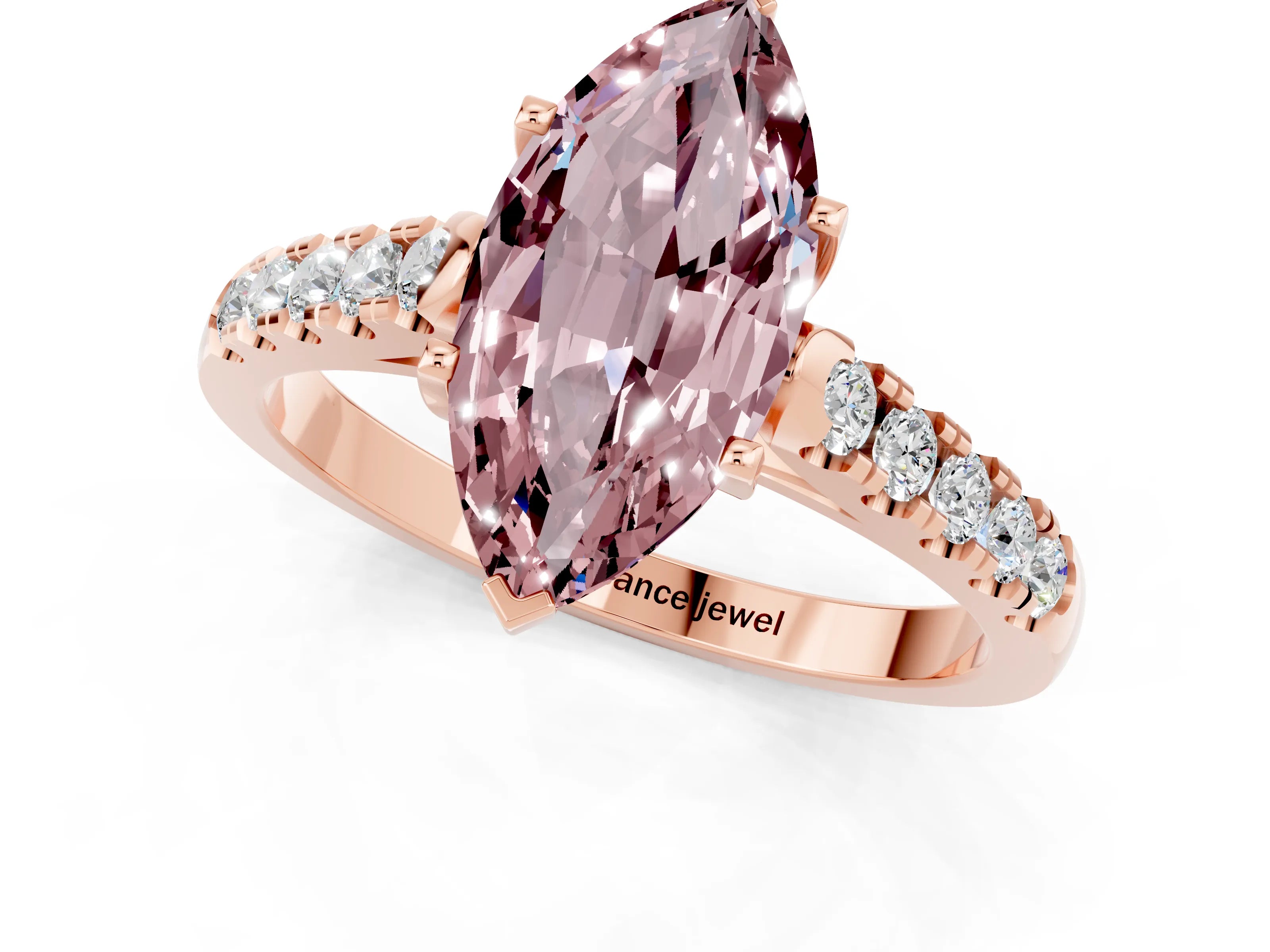 Rose gold {shape_name} Morganite Solitaire Ring with Pavé Band and Four-Prong Setting_1