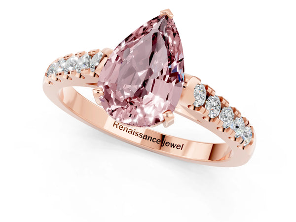 Rose gold Pear Cut Morganite Pavé Band Solitaire Ring with Prong Setting