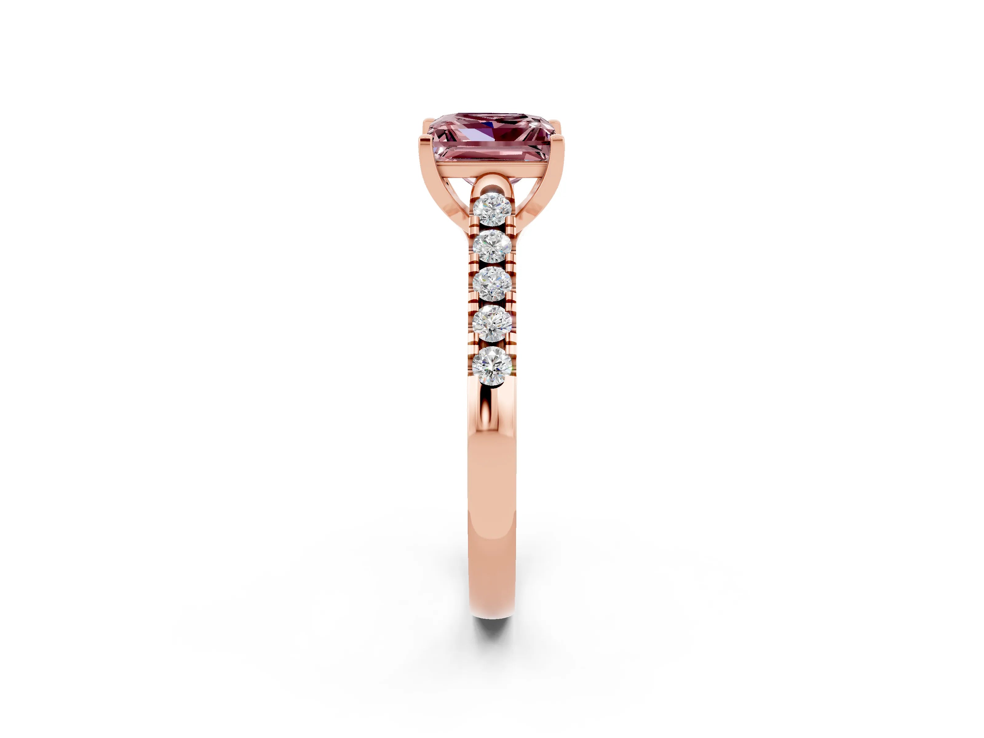 Rose gold {shape_name} Morganite Solitaire Ring with Pavé Band and Four-Prong Setting_2
