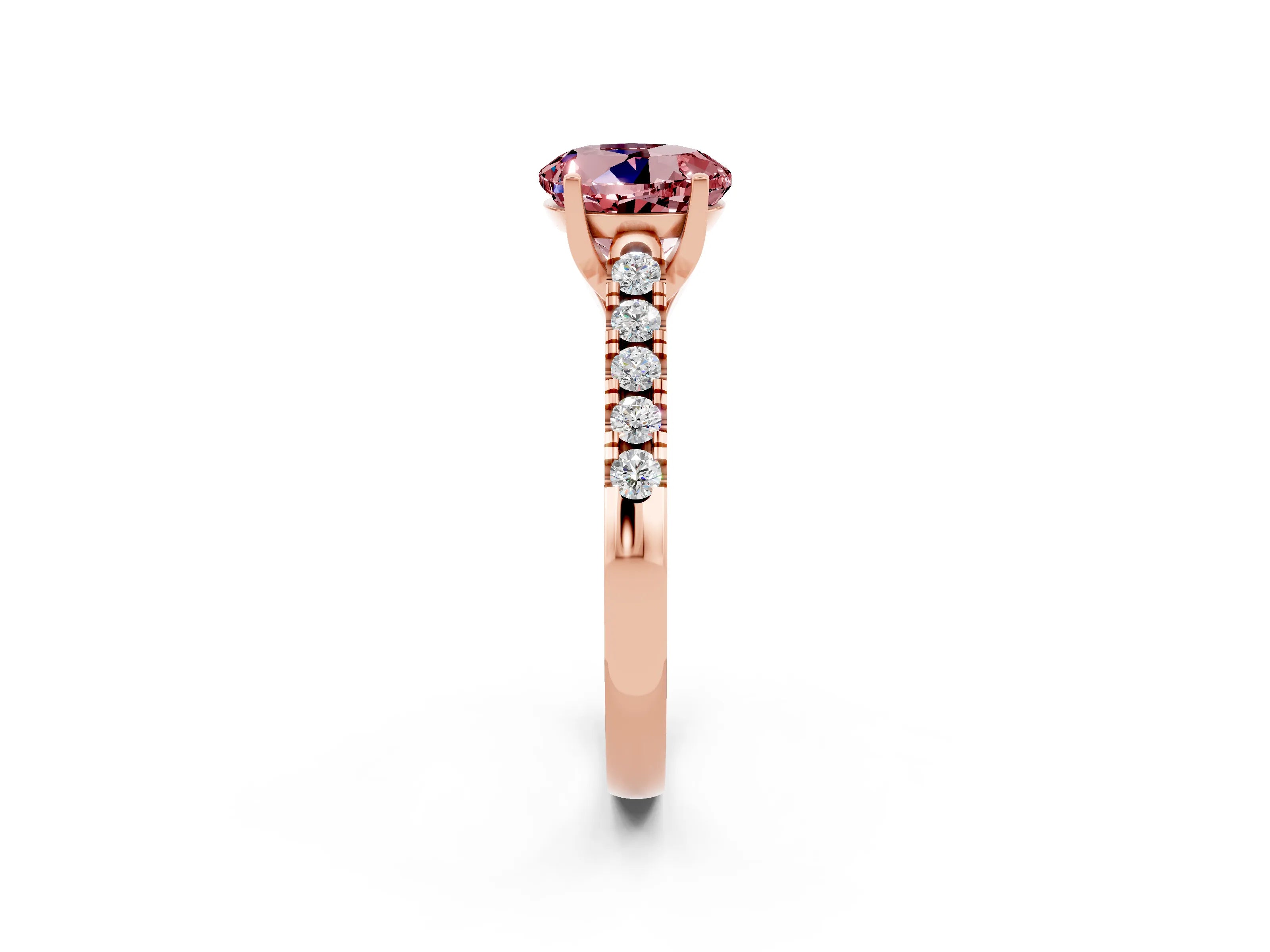 Rose gold {shape_name} Morganite Solitaire Ring with Pavé Band and Four-Prong Setting_2