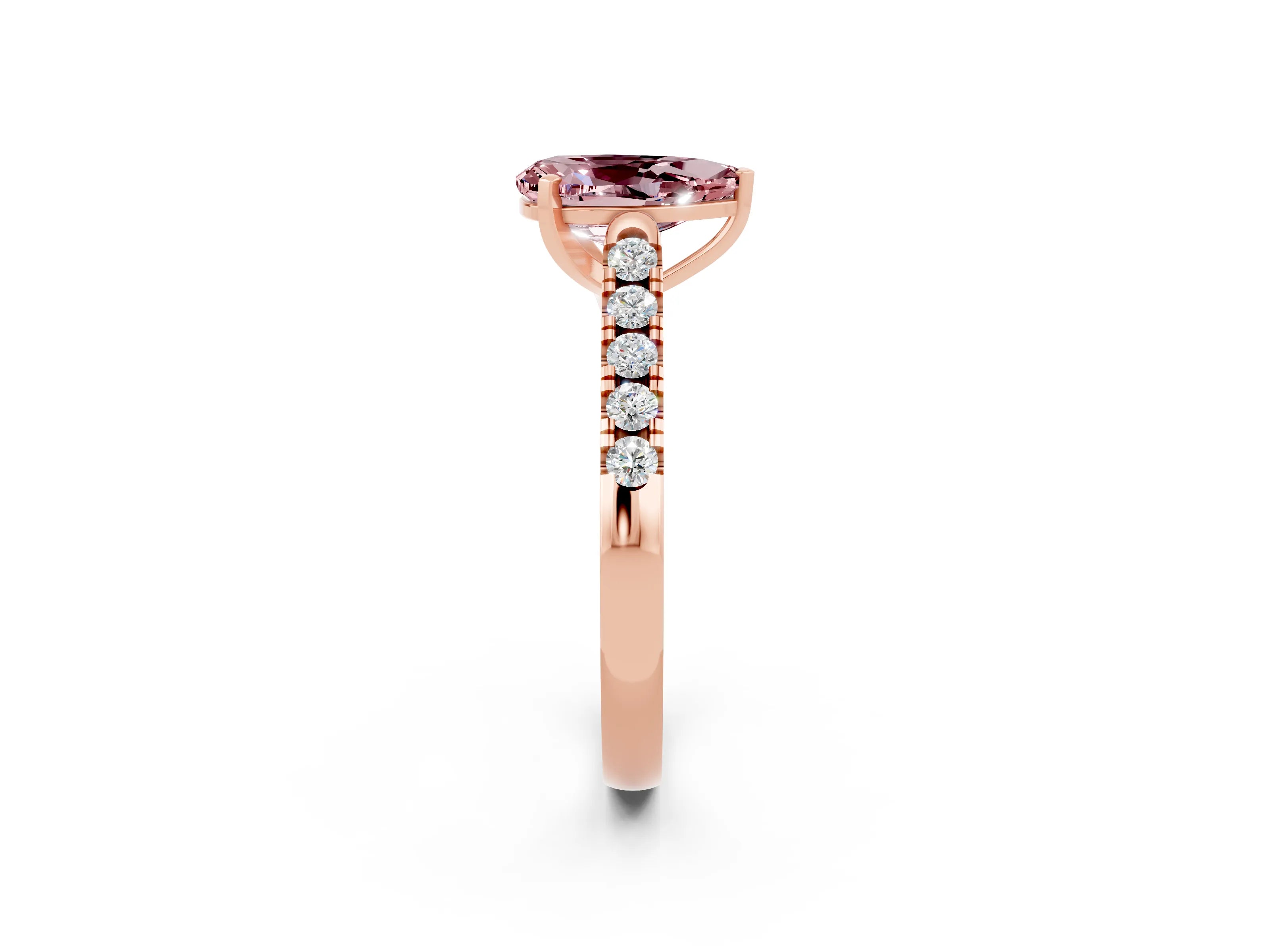Rose gold {shape_name} Morganite Solitaire Ring with Pavé Band and Four-Prong Setting_2