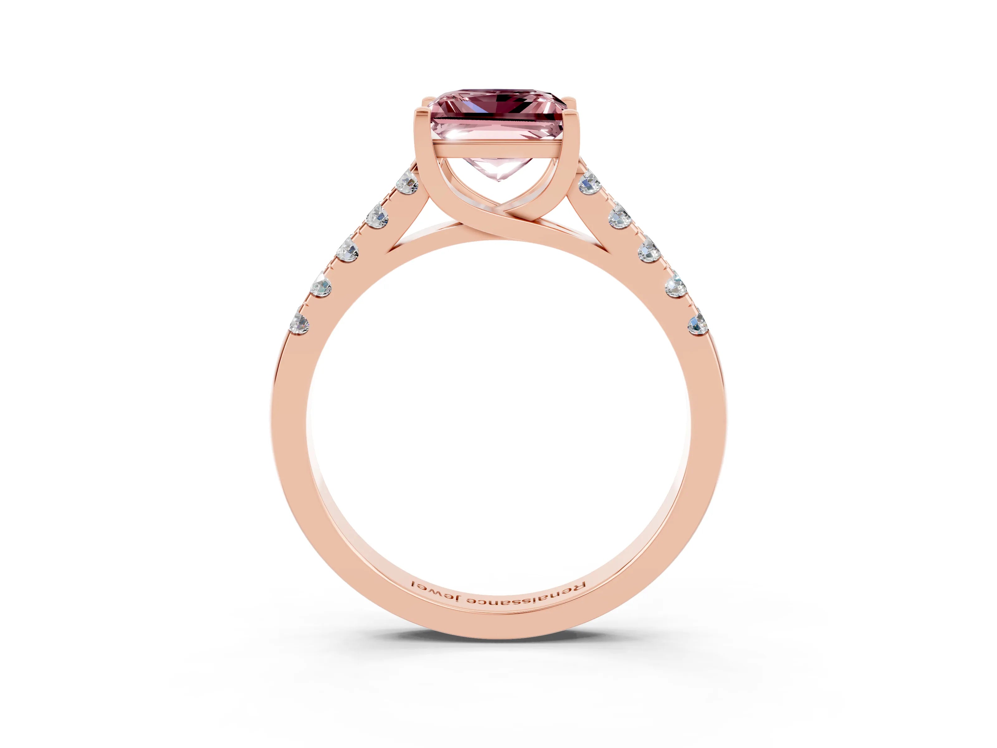 Rose gold {shape_name} Morganite Solitaire Ring with Pavé Band and Four-Prong Setting_3
