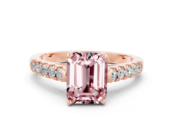 Rose gold Emerald Cut Morganite Pavé Band Solitaire Ring with Prong Setting