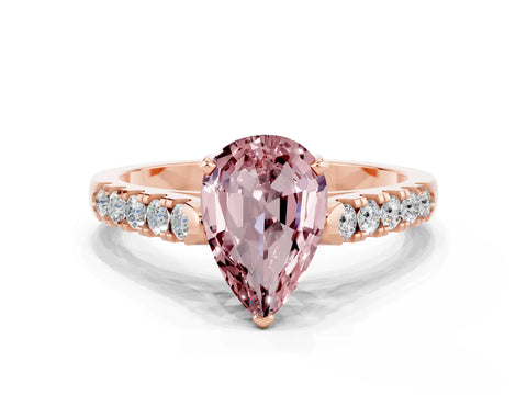 Rose gold {shape_name} Morganite Solitaire Ring with Pavé Band and Four-Prong Setting