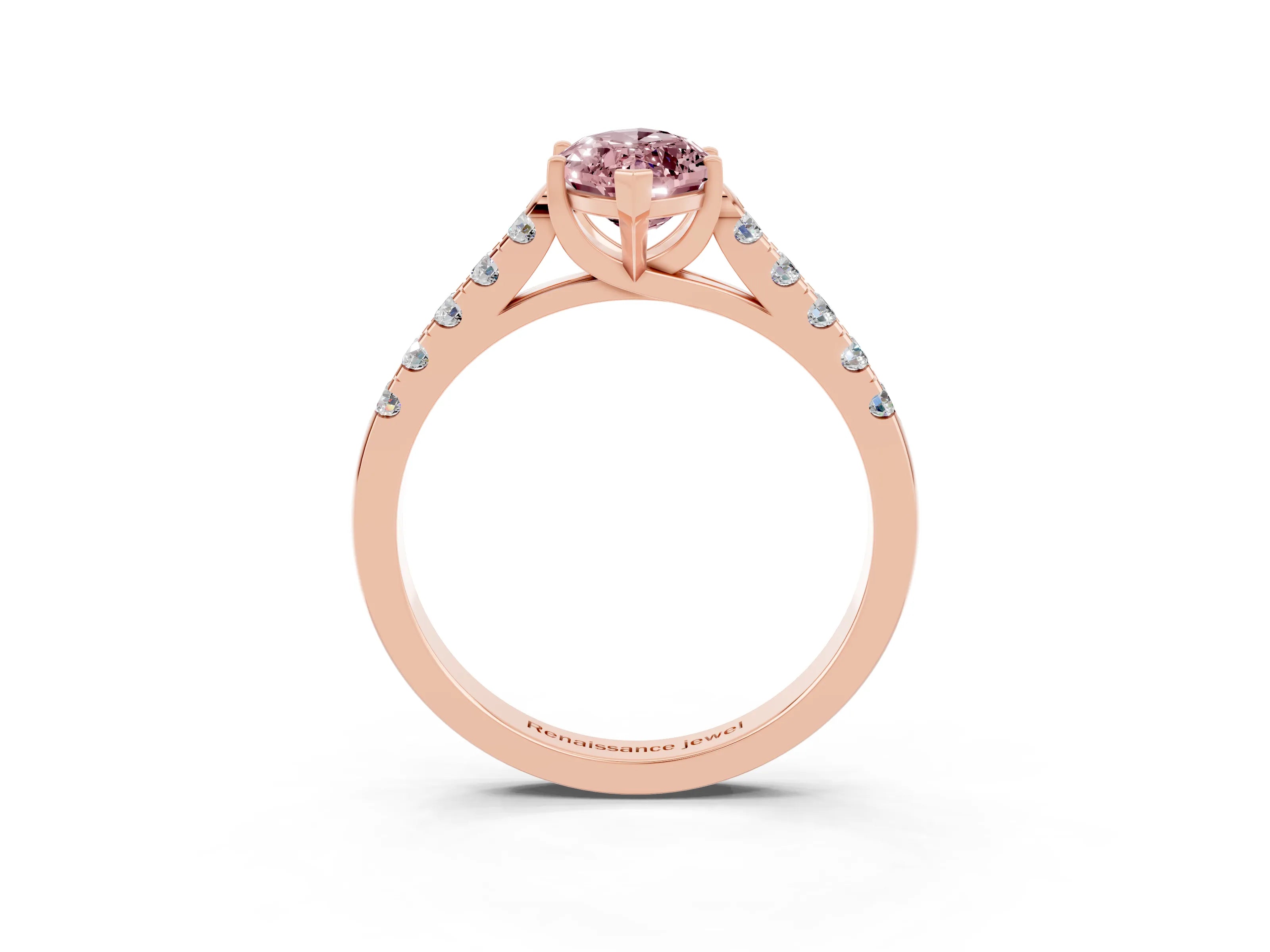 Rose gold {shape_name} Morganite Solitaire Ring with Pavé Band and Four-Prong Setting_3