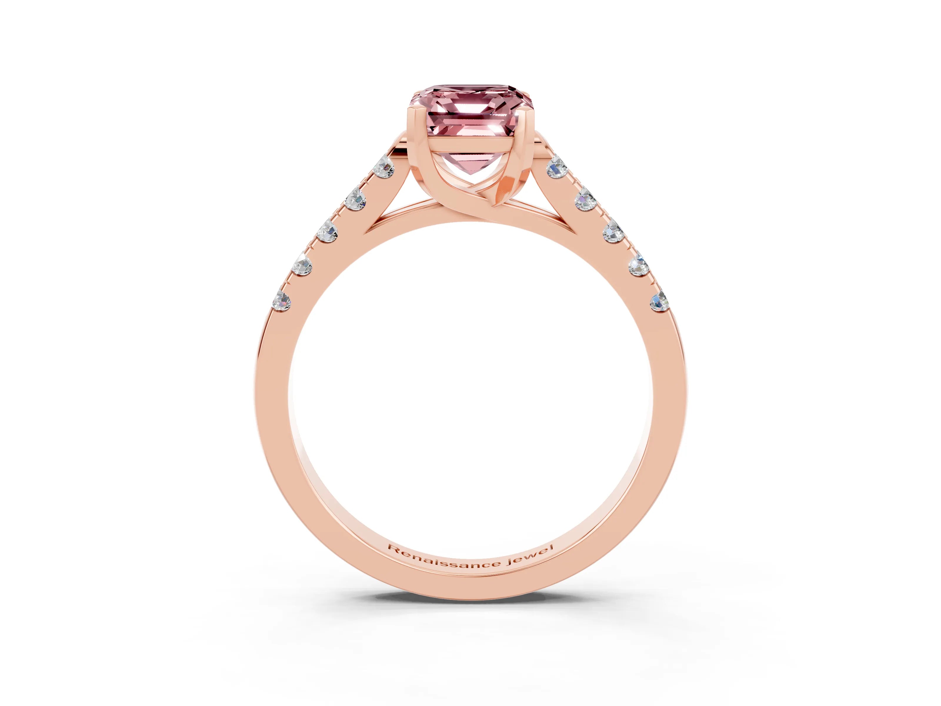 Rose gold {shape_name} Morganite Solitaire Ring with Pavé Band and Four-Prong Setting_3