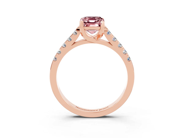 Rose gold Emerald Cut Morganite Pavé Band Solitaire Ring with Prong Setting