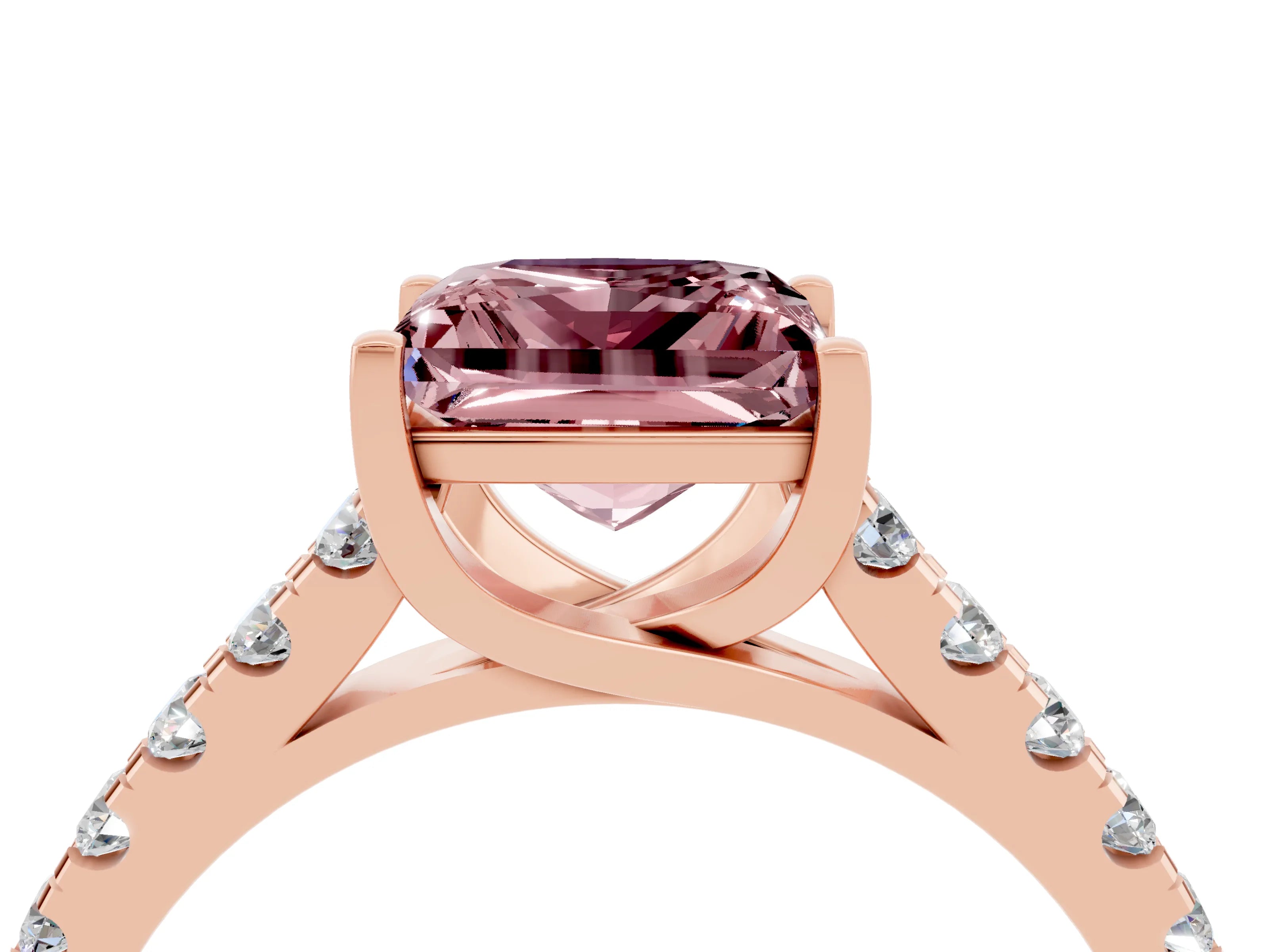 Rose gold {shape_name} Morganite Solitaire Ring with Pavé Band and Four-Prong Setting_4