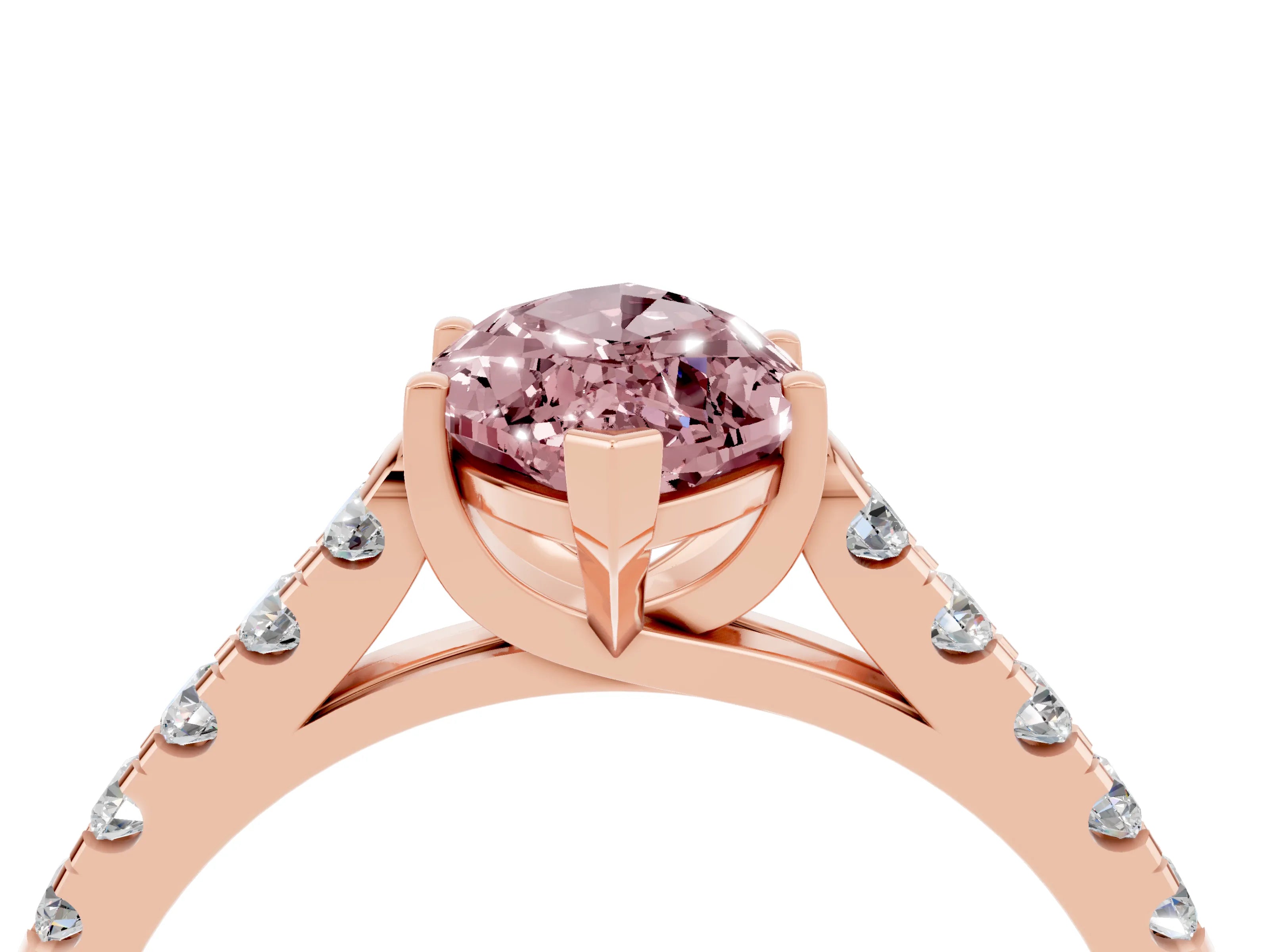 Rose gold {shape_name} Morganite Solitaire Ring with Pavé Band and Four-Prong Setting_4