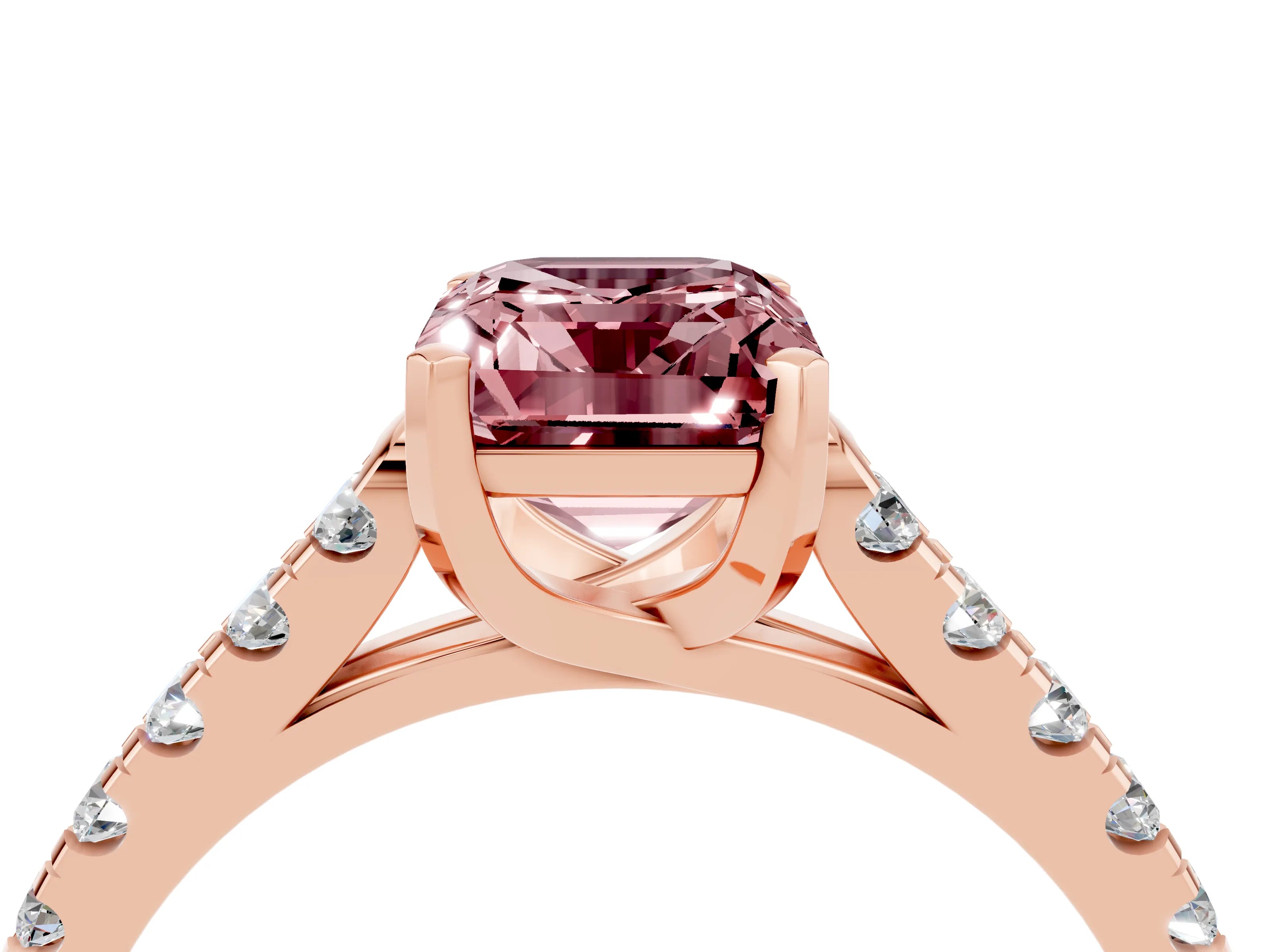 Rose gold {shape_name} Morganite Solitaire Ring with Pavé Band and Four-Prong Setting_4